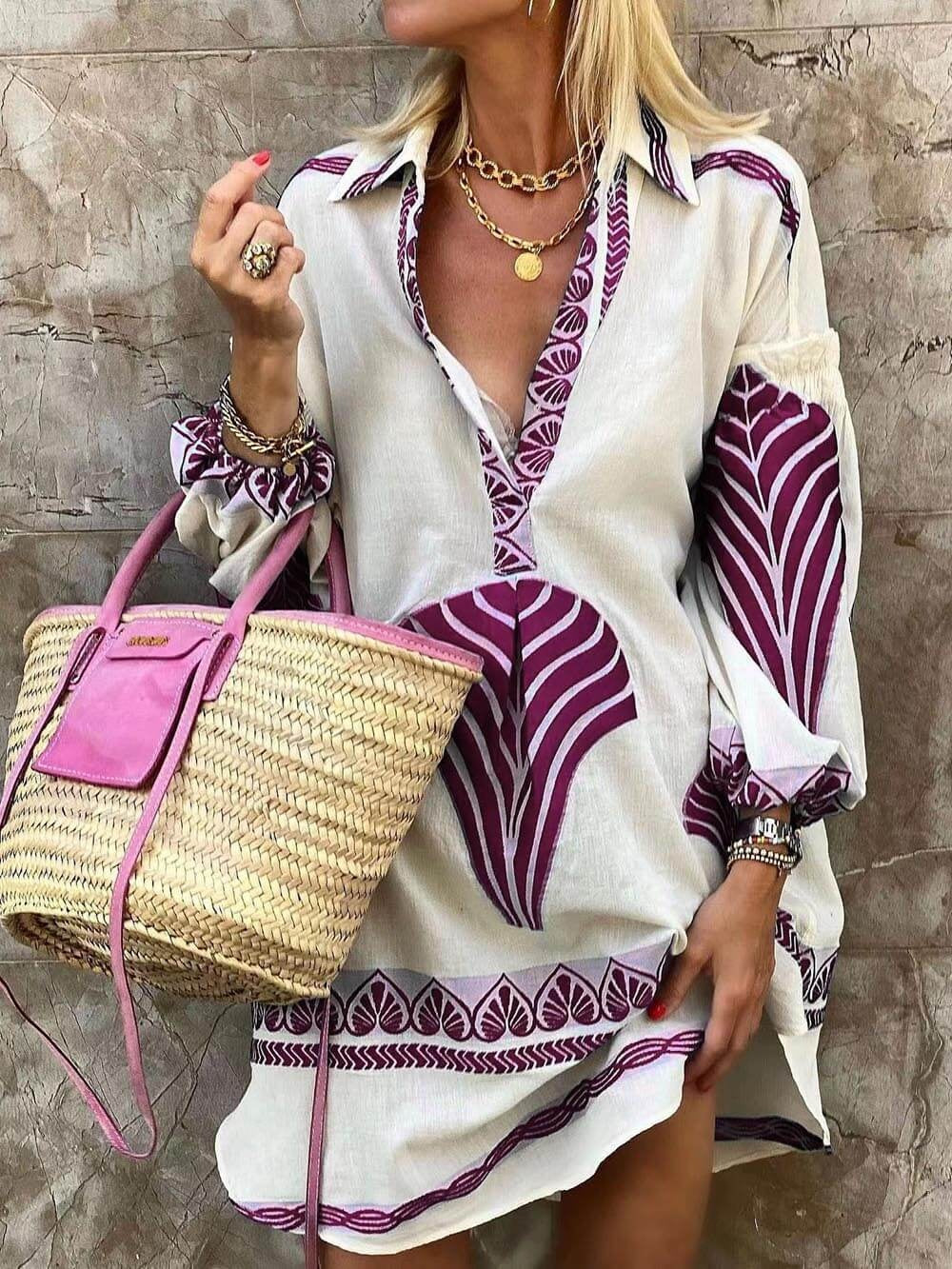 Esperanza | Vestido Corto de Manga Larga Estampado Boho Mujer Escote V