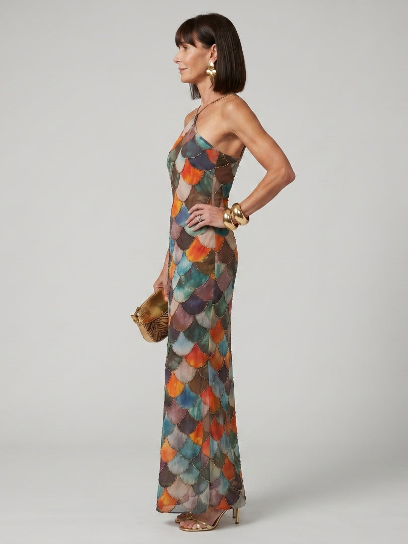 Esperanza | Vestido Largo Halter Estampado Escamas Mujer
