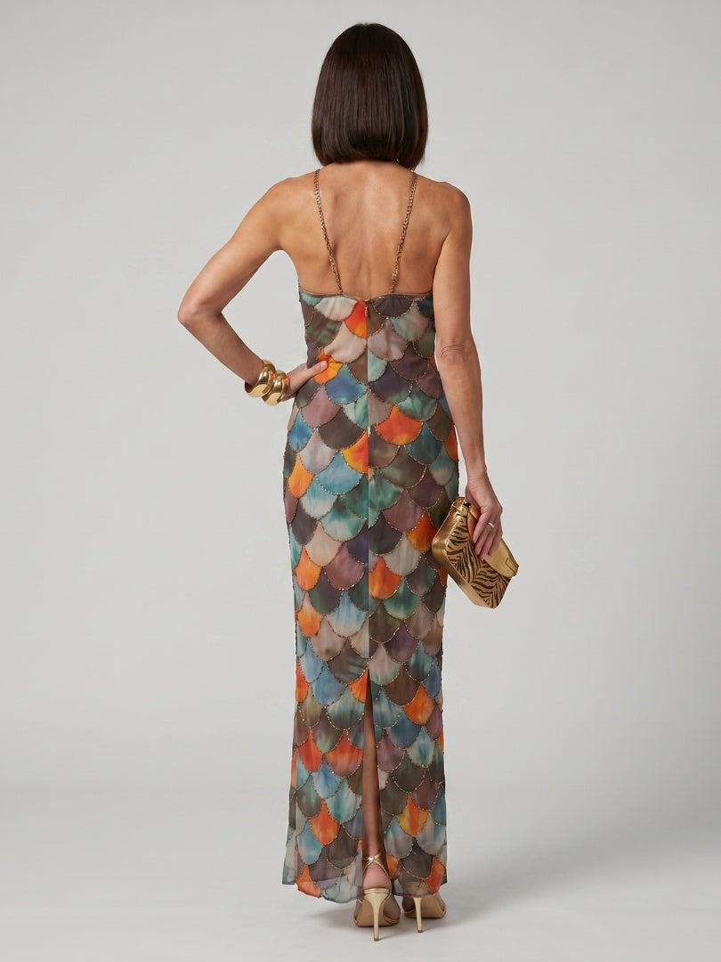 Esperanza | Vestido Largo Halter Estampado Escamas Mujer