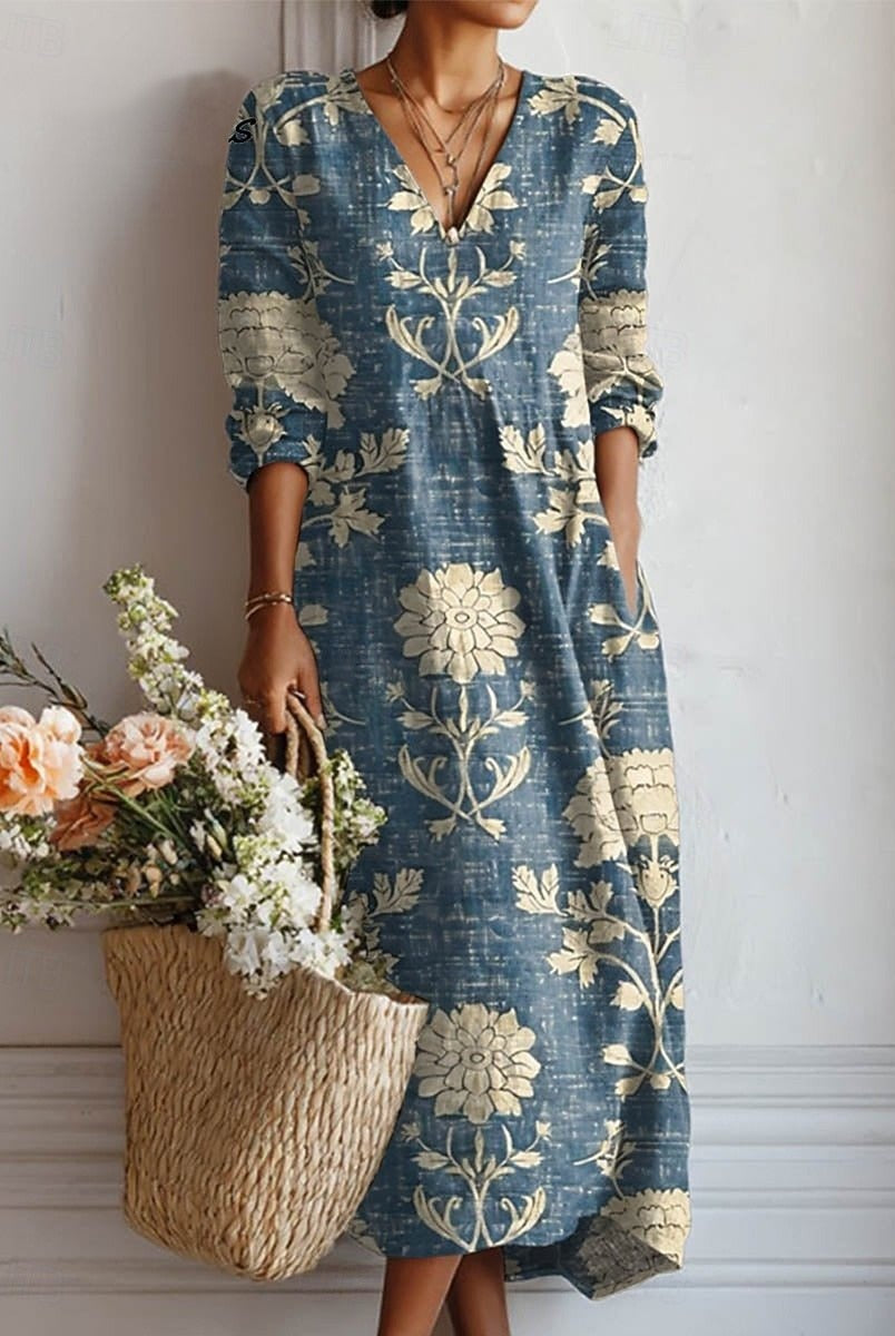 Esperanza | Vestido Midi de Lino Estampado Floral Mujer Escote V