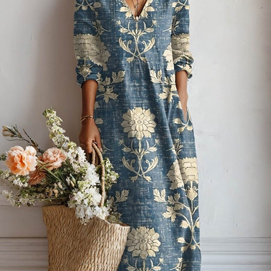 Esperanza | Vestido Midi de Lino Estampado Floral Mujer Escote V