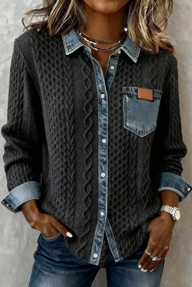 Esther | Blusa de Punto con Detalle Denim Mujer Manga Larga Trenzas