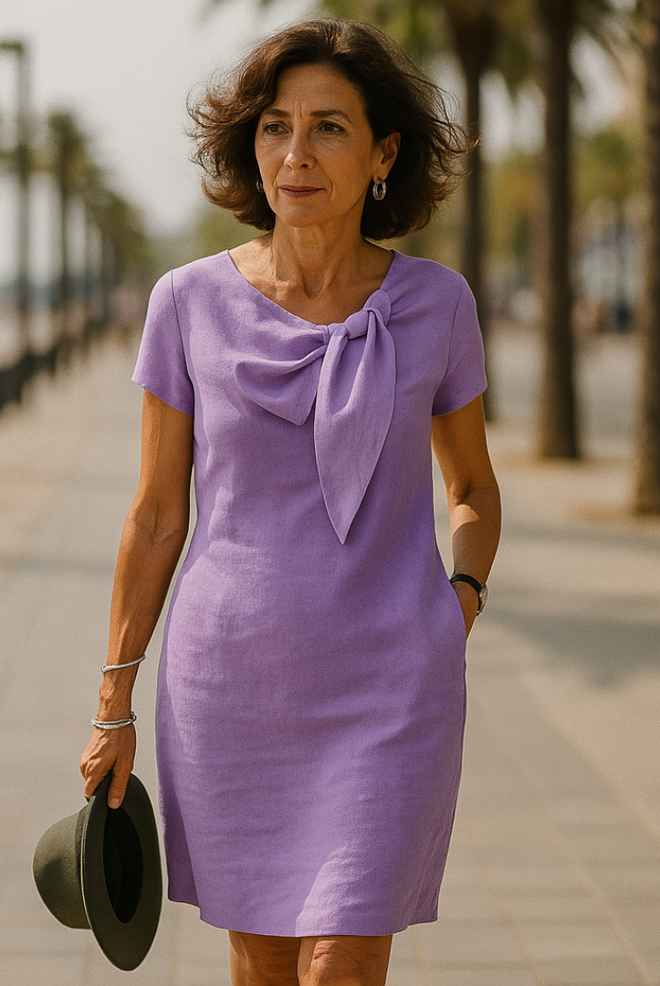 Esther | Vestido Corto de Lino con Lazo Mujer Manga Corta