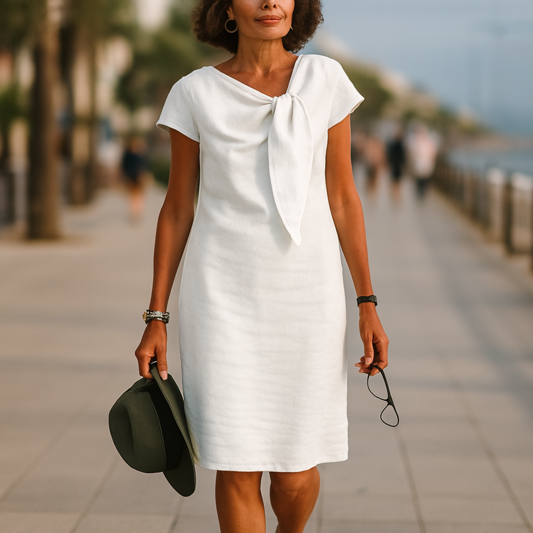 Esther | Vestido Corto de Lino con Lazo Mujer Manga Corta