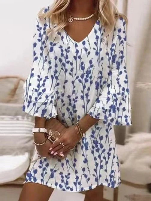 Esther | Vestido Corto Estampado con Mangas Acampanadas Mujer Escote V