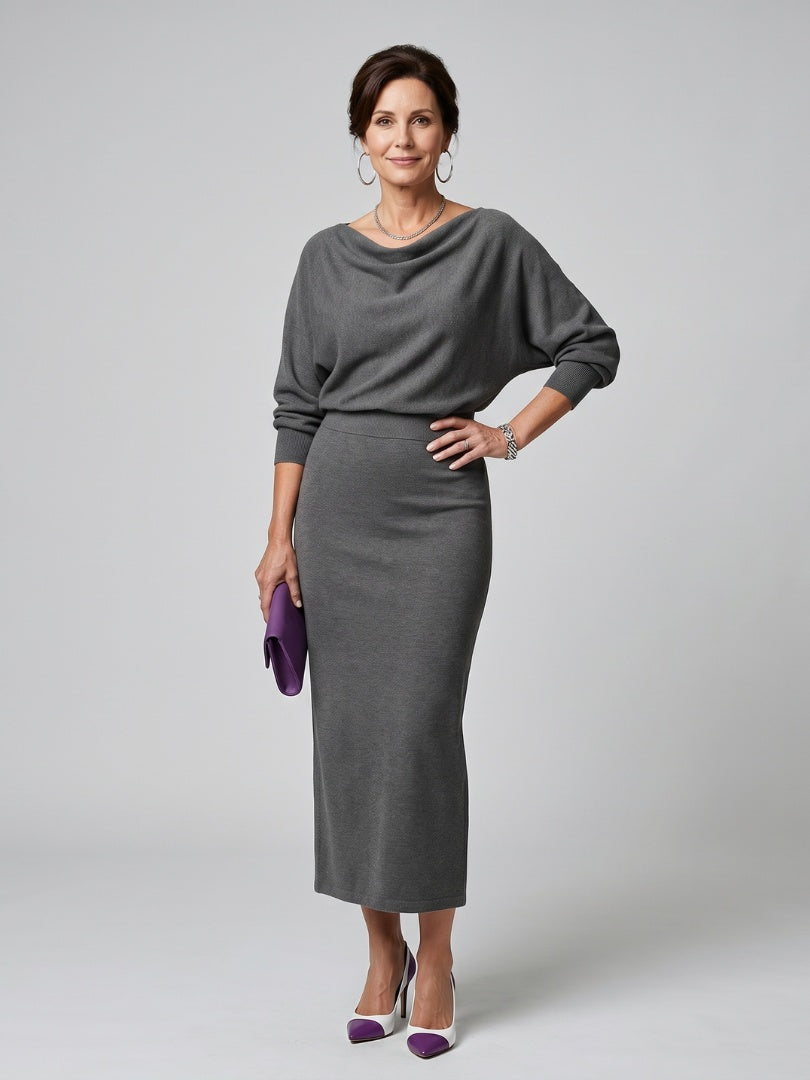 Esther | Vestido de Fiesta Midi de Punto Mujer Manga Larga Escote Drapeado