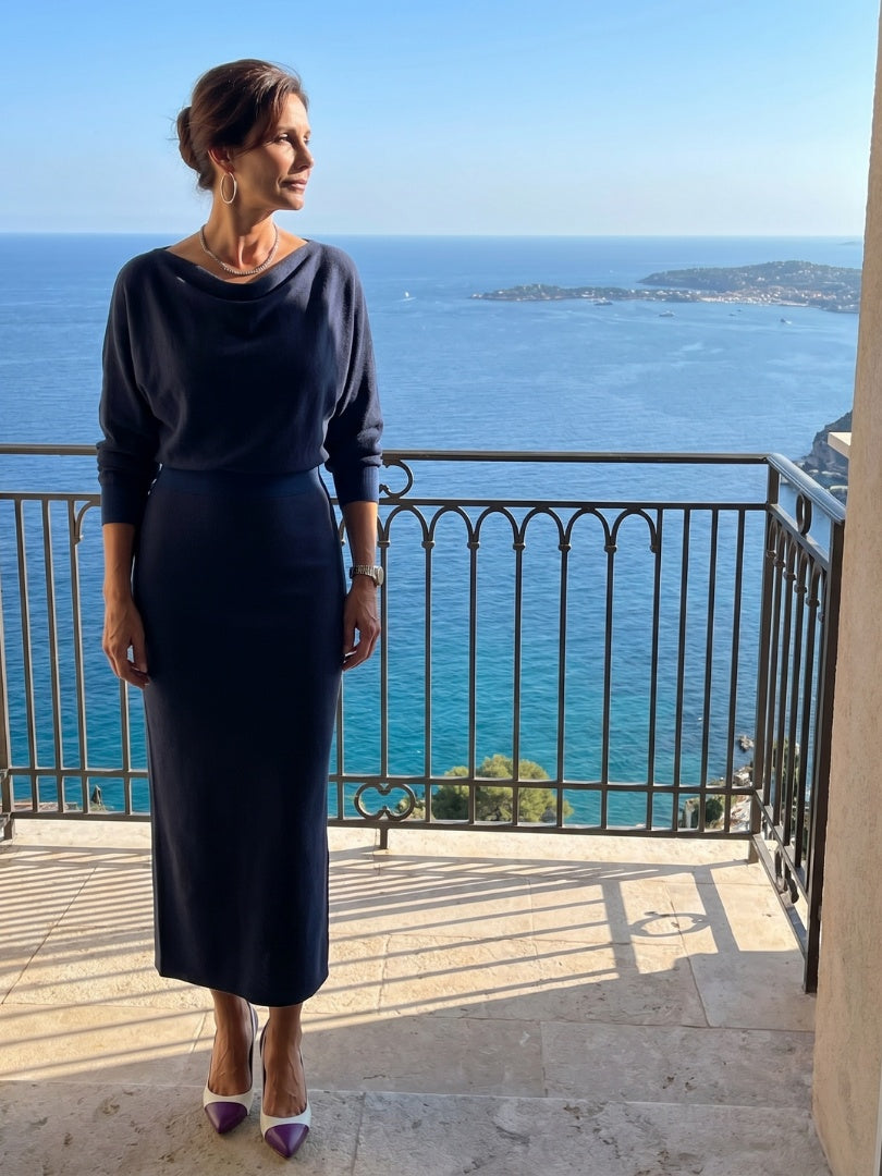 Esther | Vestido de Fiesta Midi de Punto Mujer Manga Larga Escote Drapeado