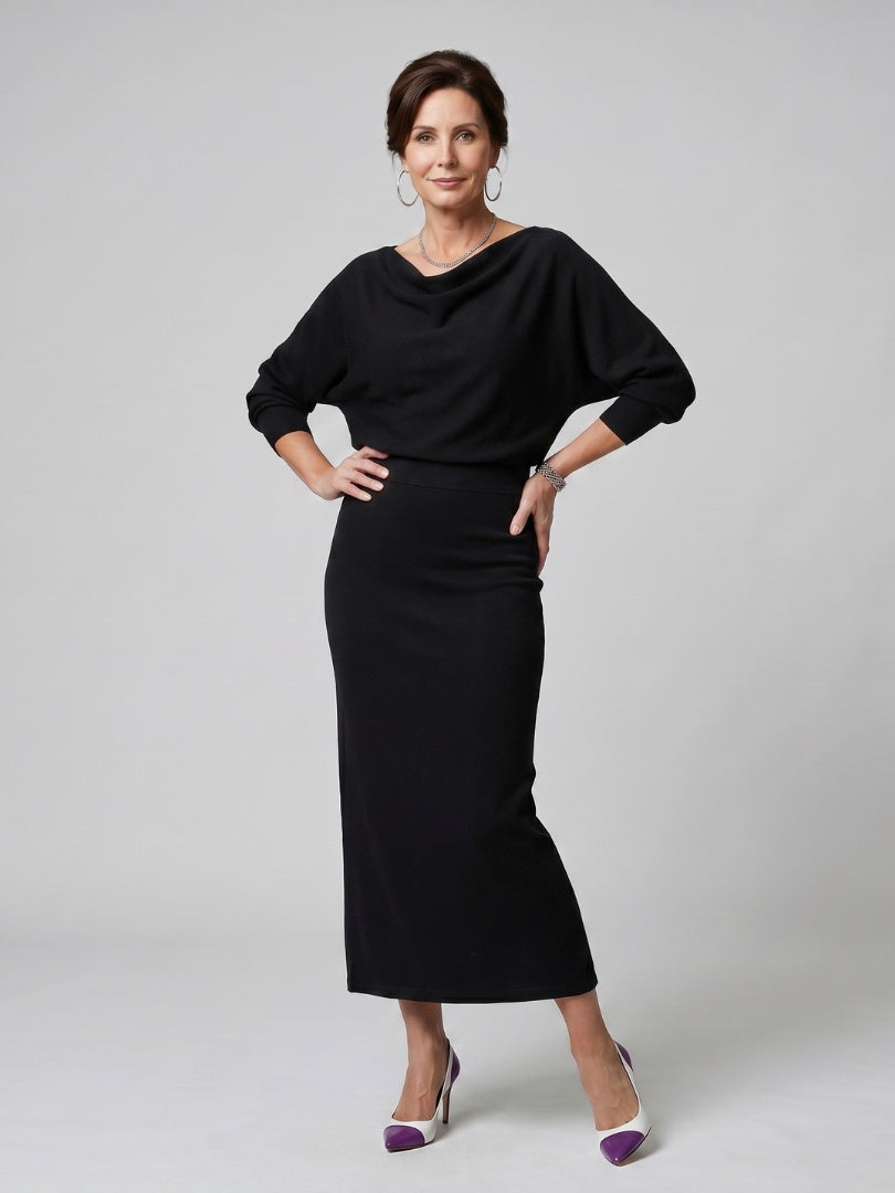 Esther | Vestido de Fiesta Midi de Punto Mujer Manga Larga Escote Drapeado