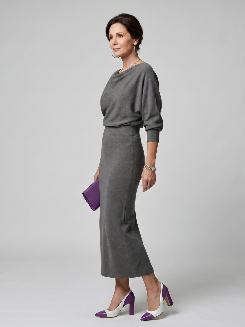 Esther | Vestido de Fiesta Midi de Punto Mujer Manga Larga Escote Drapeado