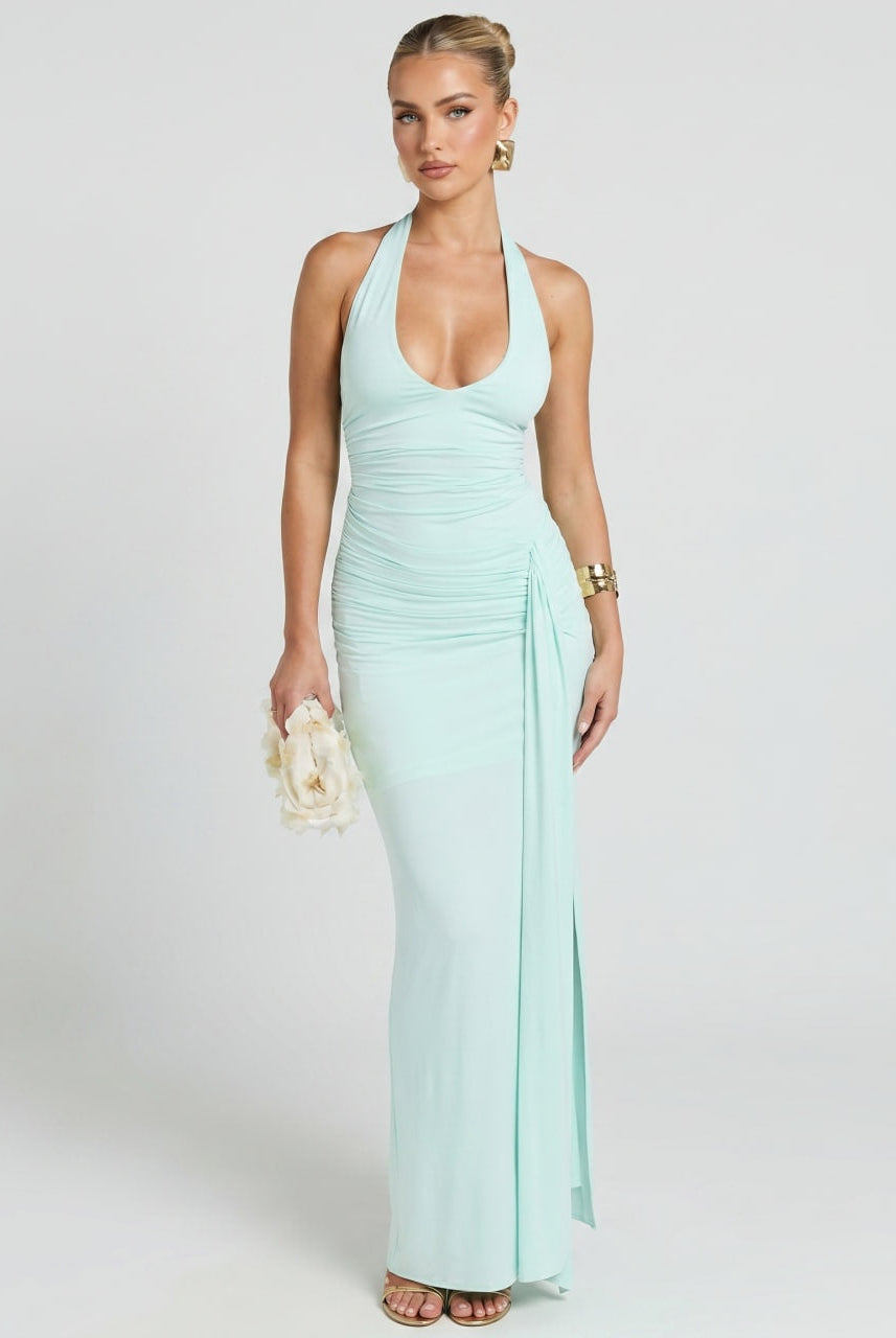 Estrella | Vestido Largo Halter Drapeado Mujer Abertura Lateral