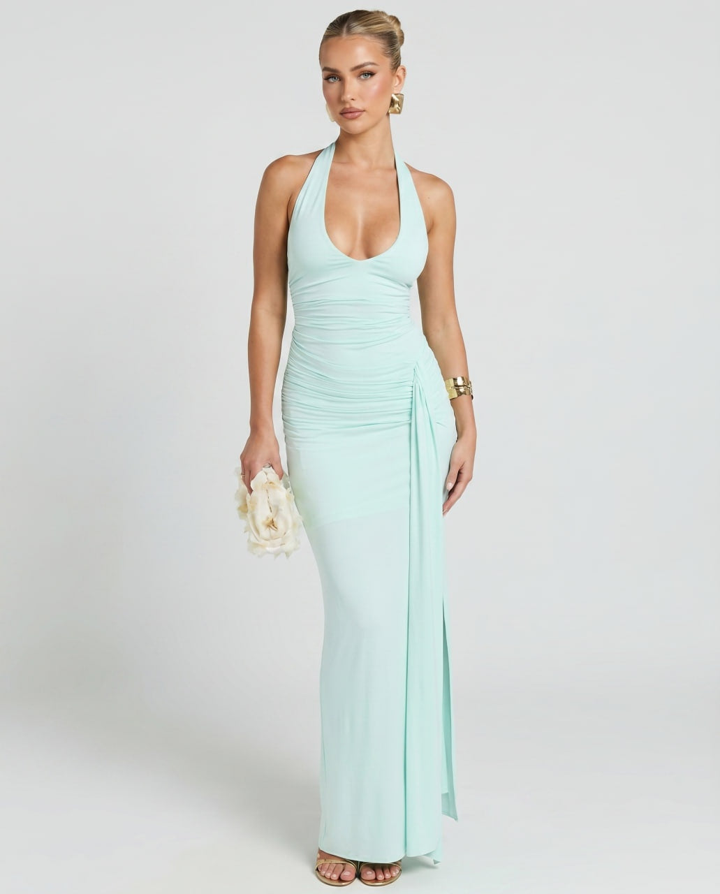 Estrella | Vestido Largo Halter Drapeado Mujer Abertura Lateral
