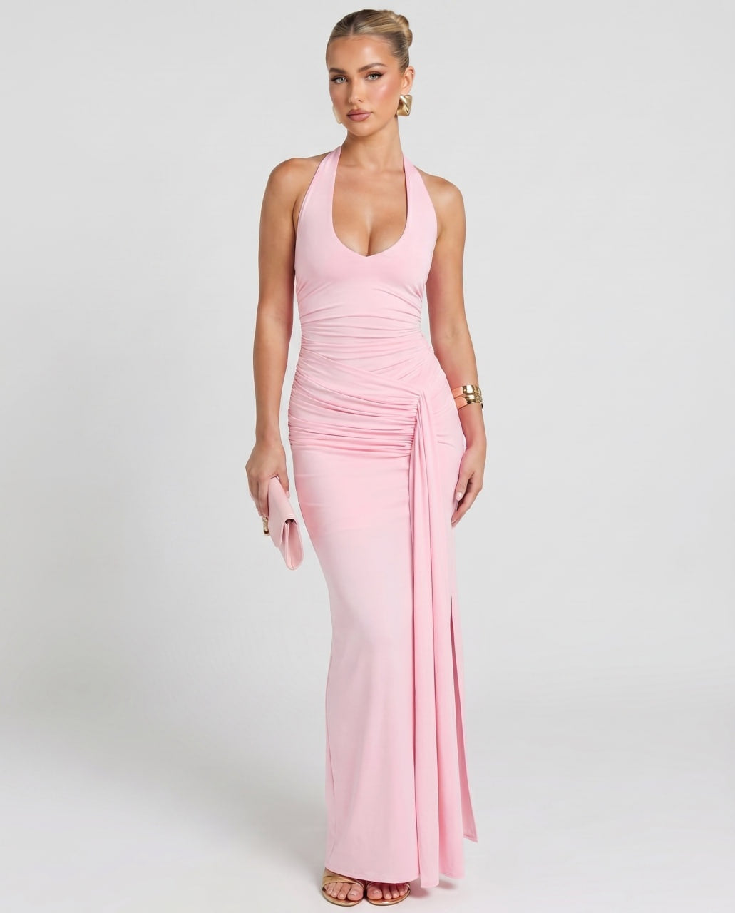 Estrella | Vestido Largo Halter Drapeado Mujer Abertura Lateral