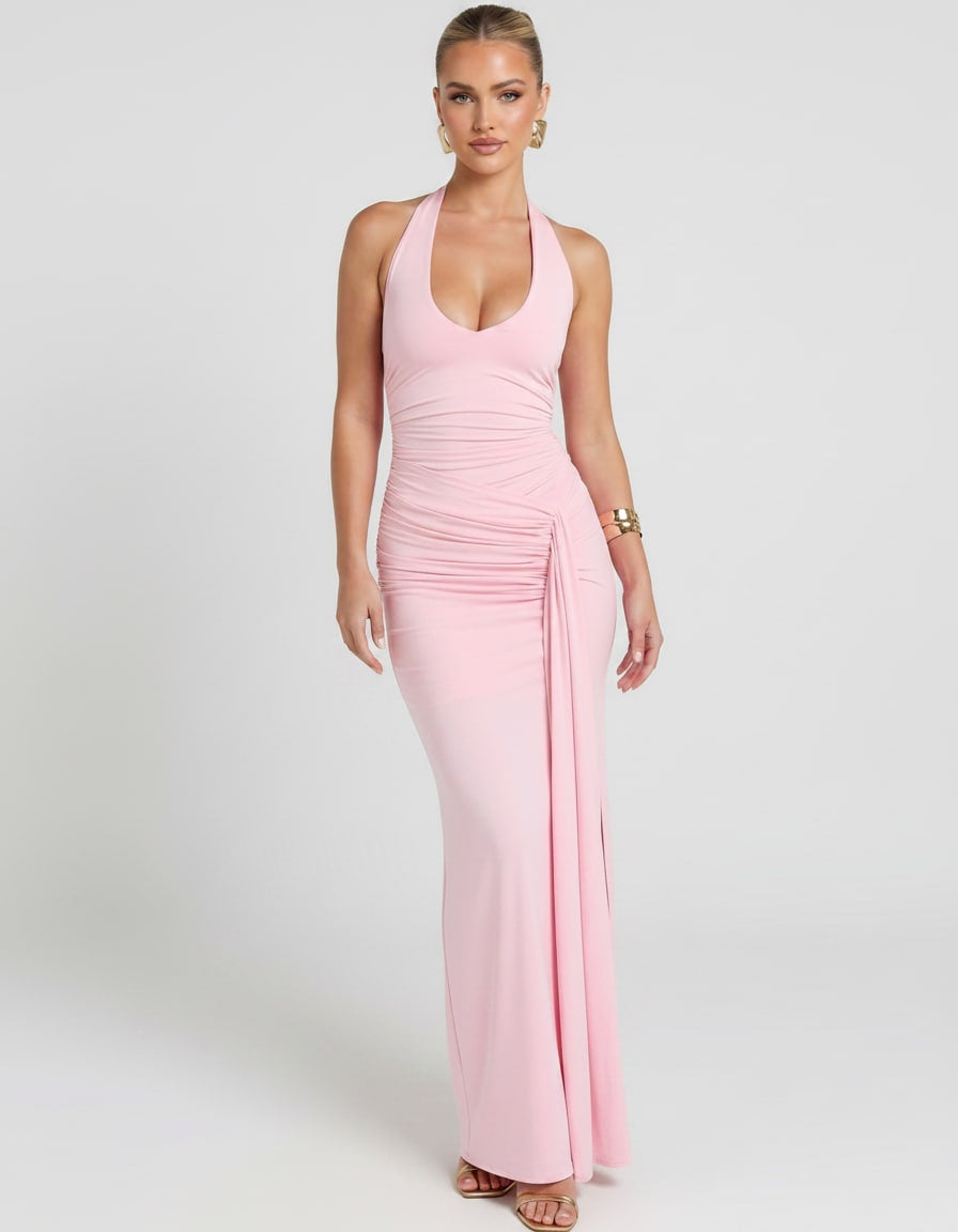 Estrella | Vestido Largo Halter Drapeado Mujer Abertura Lateral
