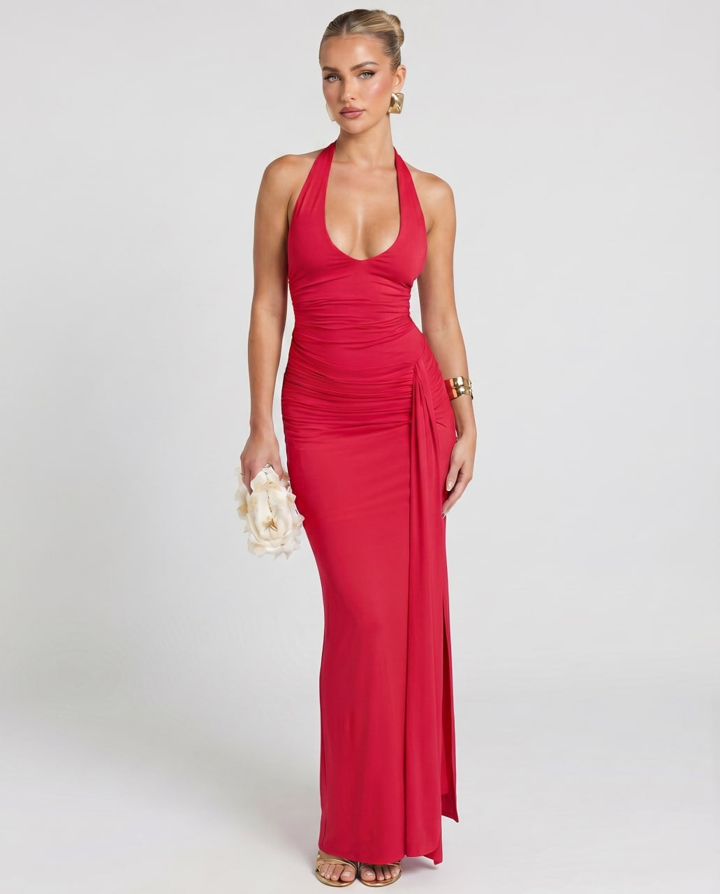 Estrella | Vestido Largo Halter Drapeado Mujer Abertura Lateral