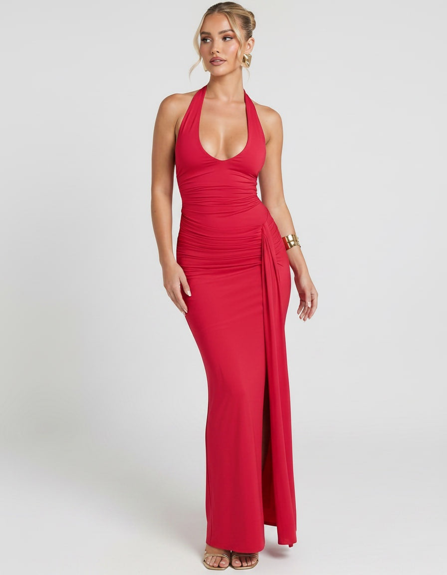 Estrella | Vestido Largo Halter Drapeado Mujer Abertura Lateral