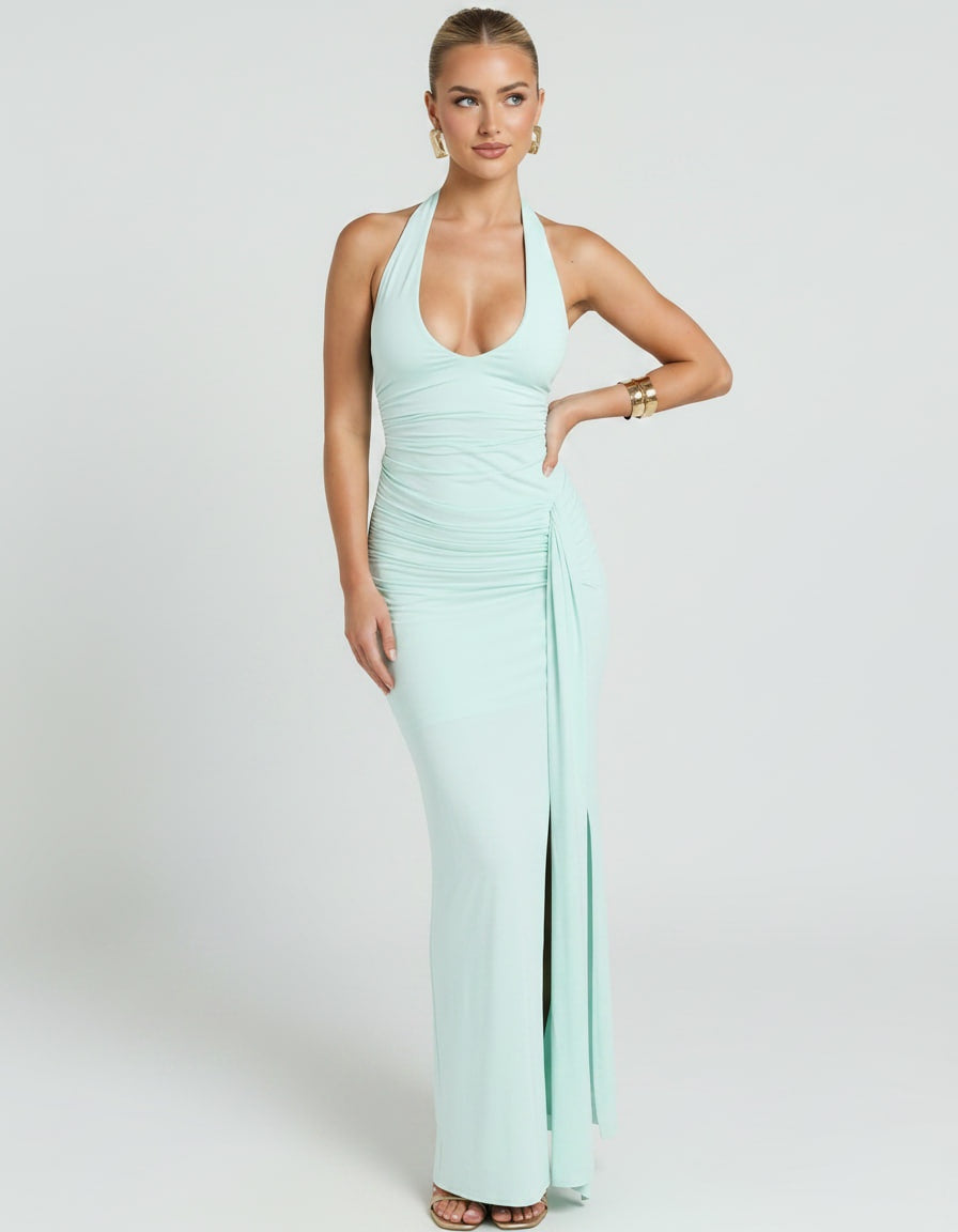 Estrella | Vestido Largo Halter Drapeado Mujer Abertura Lateral