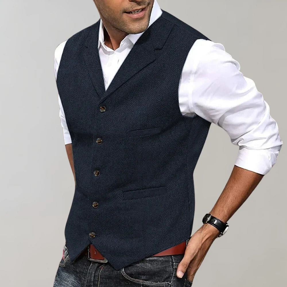 Fernando | Chaleco de Tweed Espiga Hombre Cuello Solapa Botones