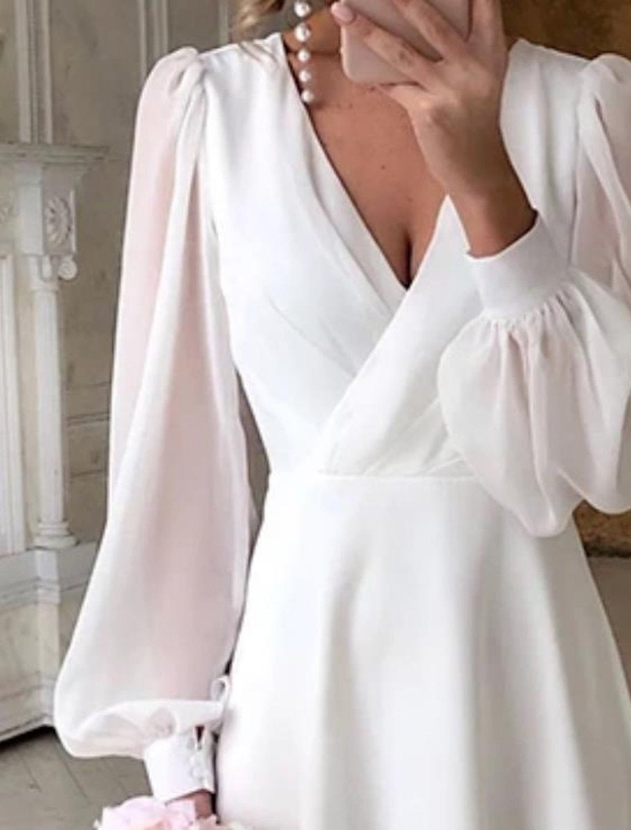 Gema | Vestido Midi de Manga Larga Mujer Escote V Mangas Abullonadas