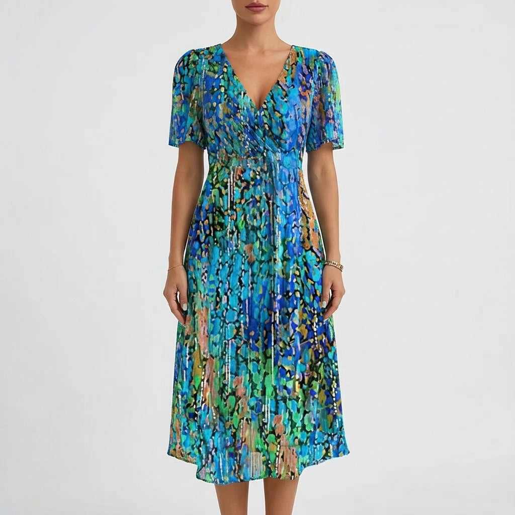Gema | Vestido Midi Floral Mujer Escote V Cruzado Manga Corta