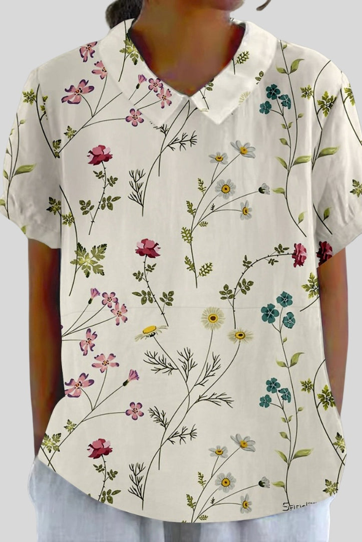 Gloria | Blusa Estampado Floral de Manga Corta Mujer Cuello Clásico