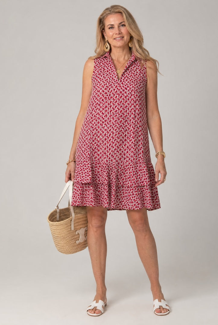 Gloria | Vestido Corto Camisero Estampado Sin Mangas Mujer Volante Bajo