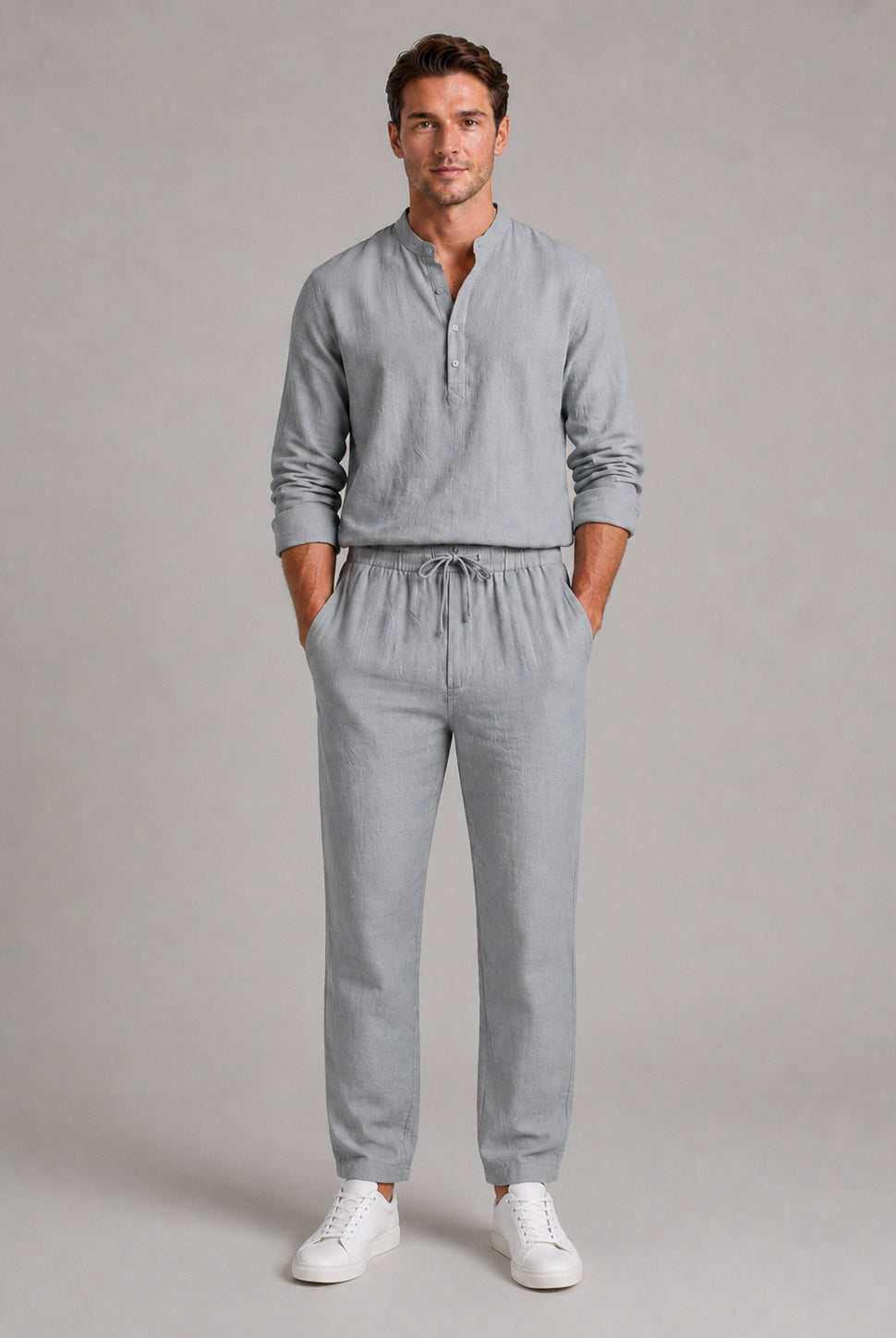 Gonzalo | Conjunto de Lino Hombre Camisa Cuello Mao Pantalón Jogger