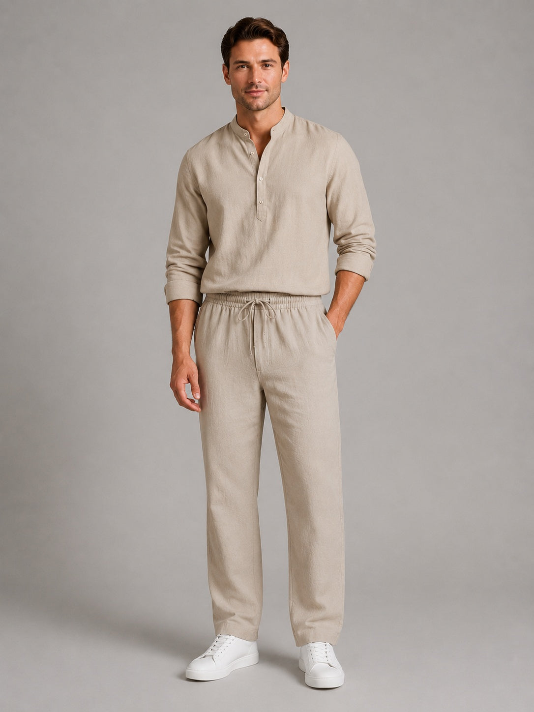 Gonzalo | Conjunto de Lino Hombre Camisa Cuello Mao Pantalón Jogger