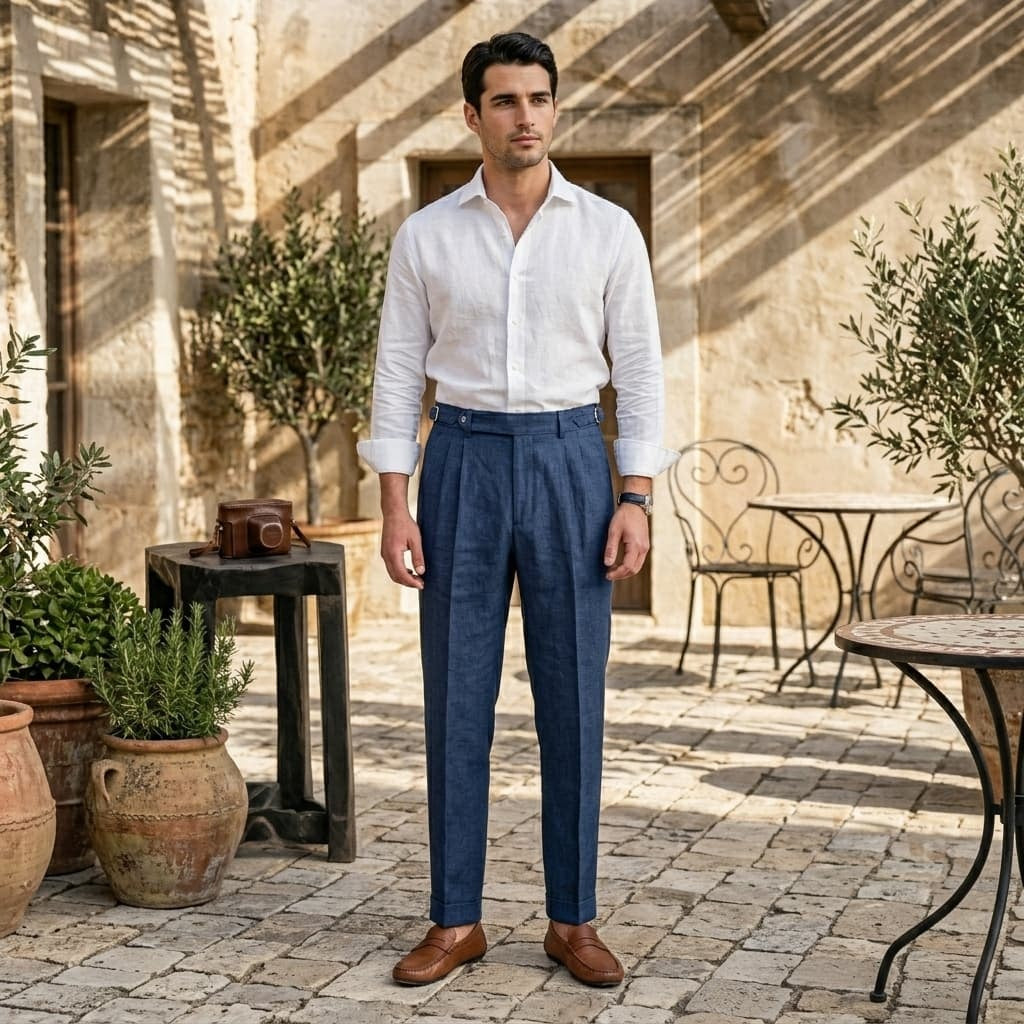 Gonzalo | Pantalón de Lino de Pinzas con Hebilla Hombre