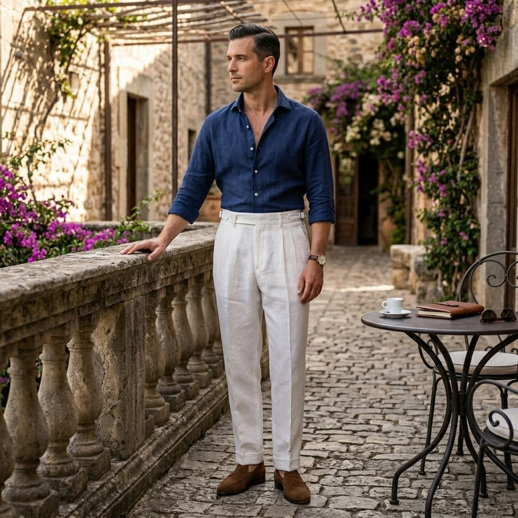Gonzalo | Pantalón de Lino de Pinzas con Hebilla Hombre