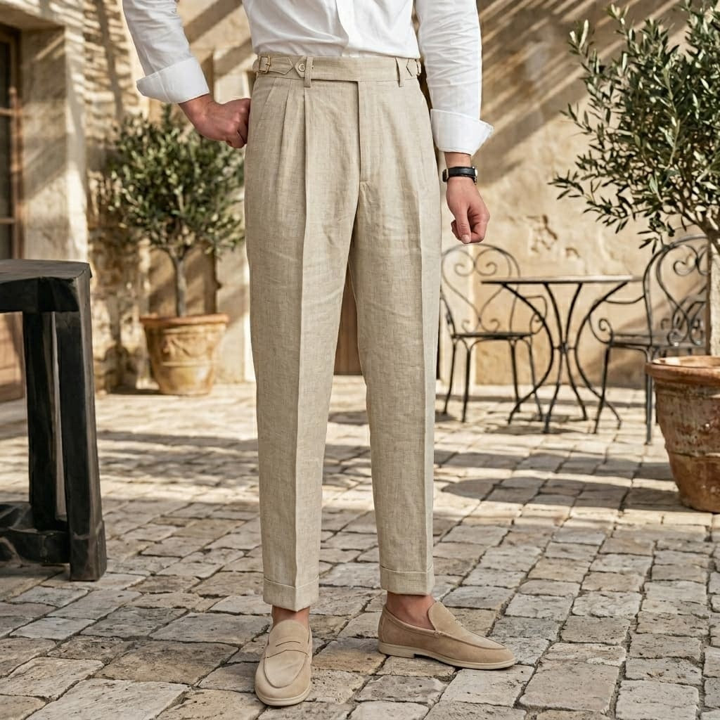 Gonzalo | Pantalón de Lino de Pinzas con Hebilla Hombre