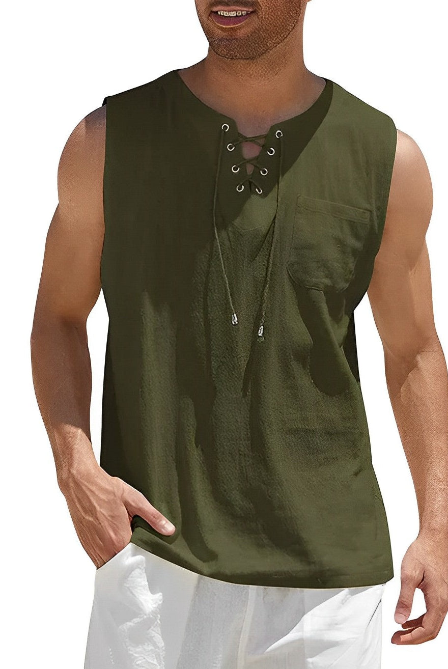 Iker | Camiseta Sin Mangas Oversize Hombre Escote Cordones Bolsillo