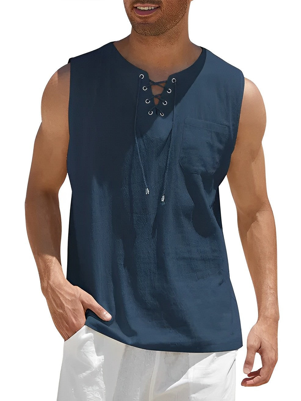 Iker | Camiseta Sin Mangas Oversize Hombre Escote Cordones Bolsillo