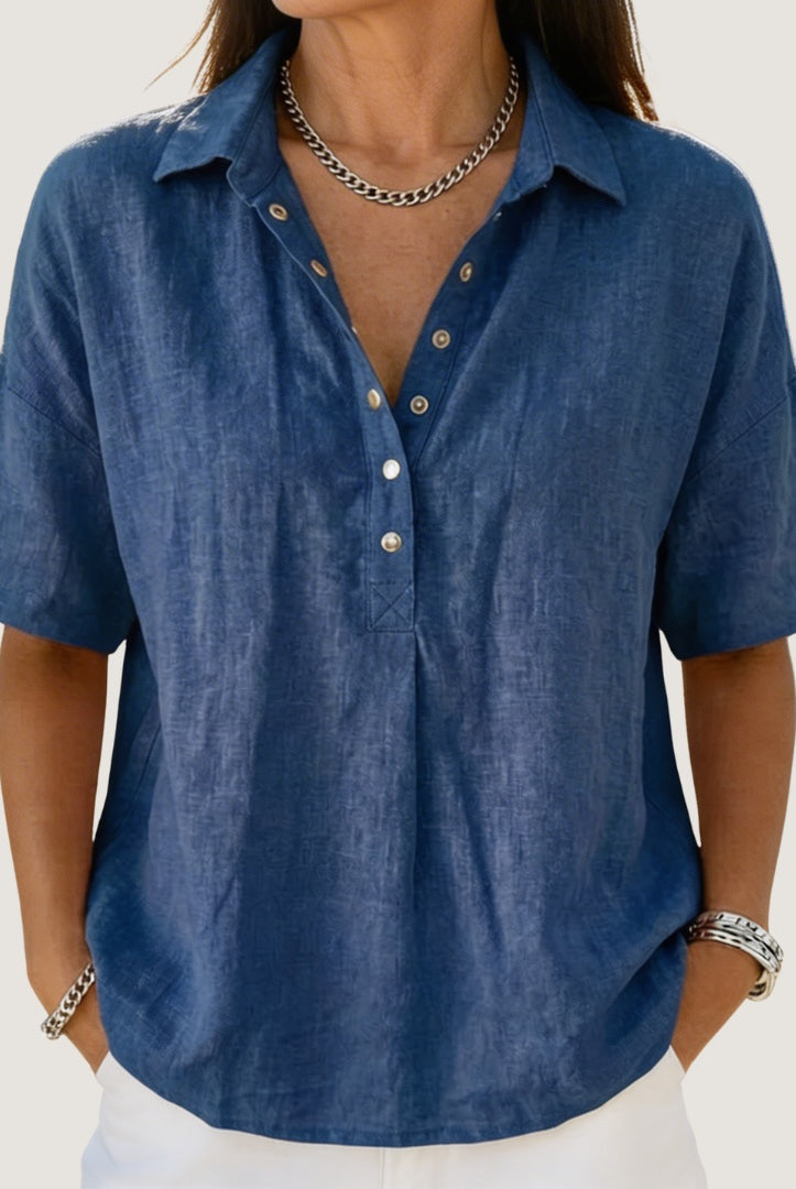 Inés | Blusa de Lino Manga Corta Mujer Cuello Polo Botones