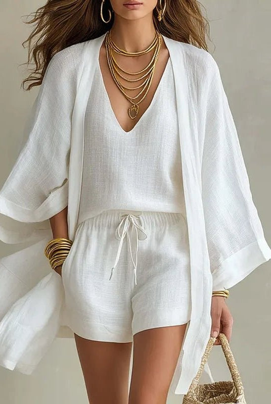 Inés | Conjunto de 3 Piezas de Lino Mujer Top Escote V Shorts y Kimono