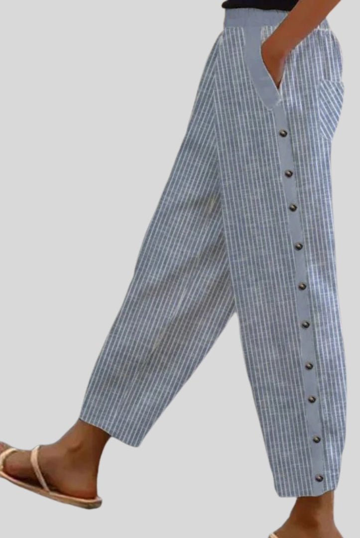 Inés | Pantalón con Botones Rayado Mujer Cintura Elástica