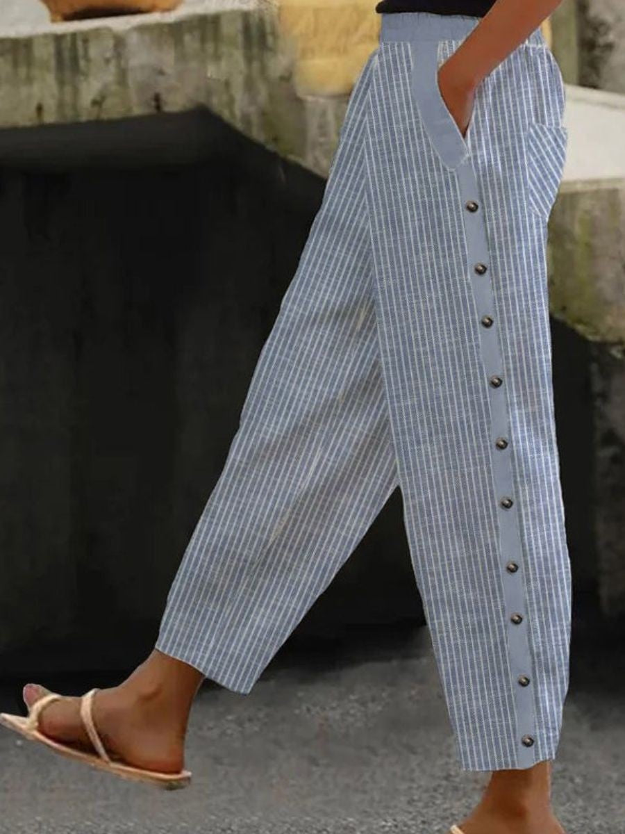 Inés | Pantalón con Botones Rayado Mujer Cintura Elástica