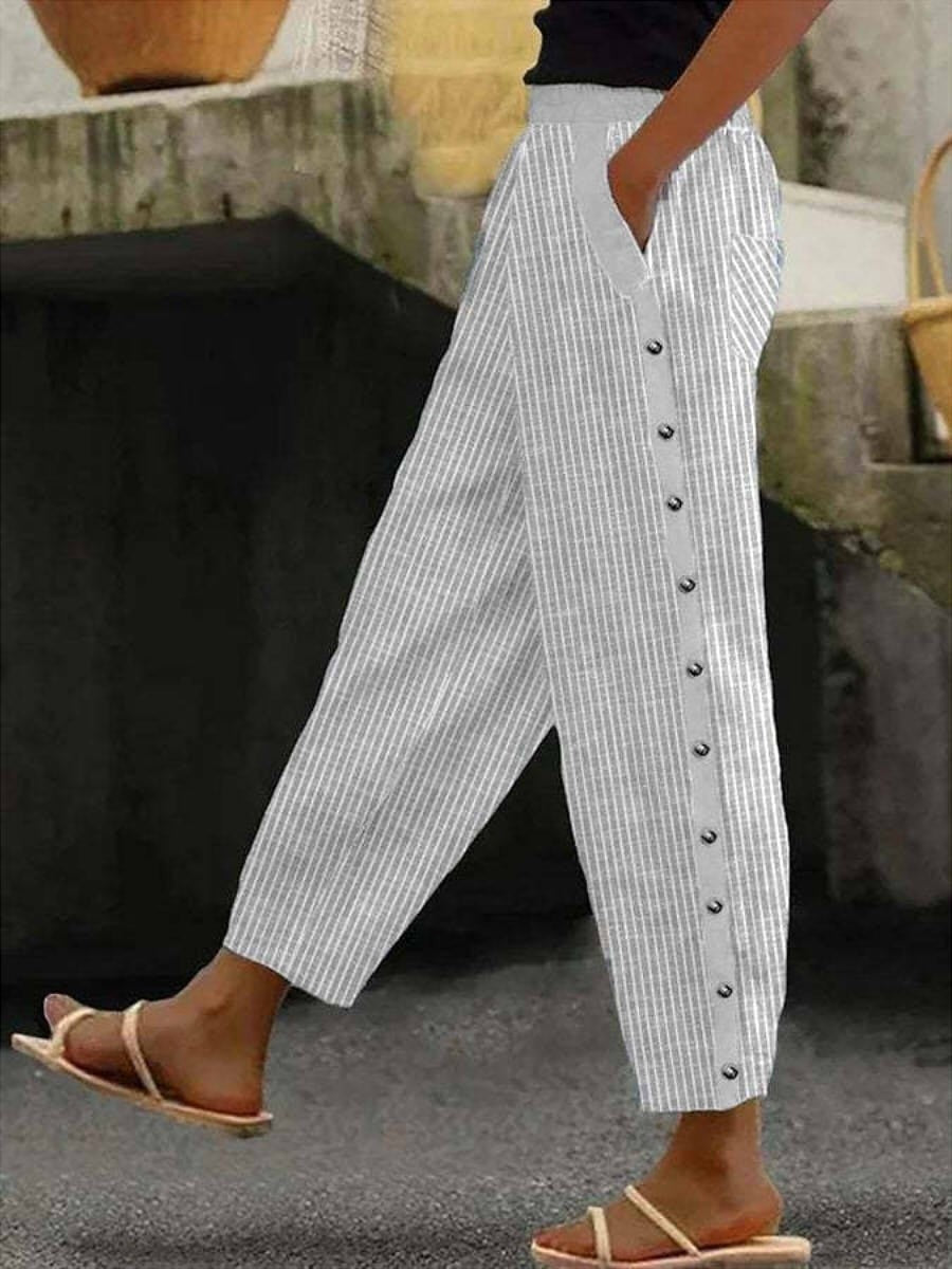 Inés | Pantalón con Botones Rayado Mujer Cintura Elástica