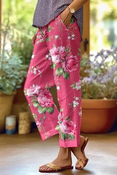 Inés | Pantalón Fluido Estampado Floral Mujer Cintura Media Bolsillos