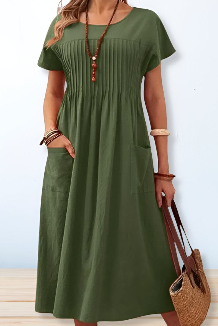 Inés | Vestido Midi con Pliegues Mujer Manga Corta Bolsillos