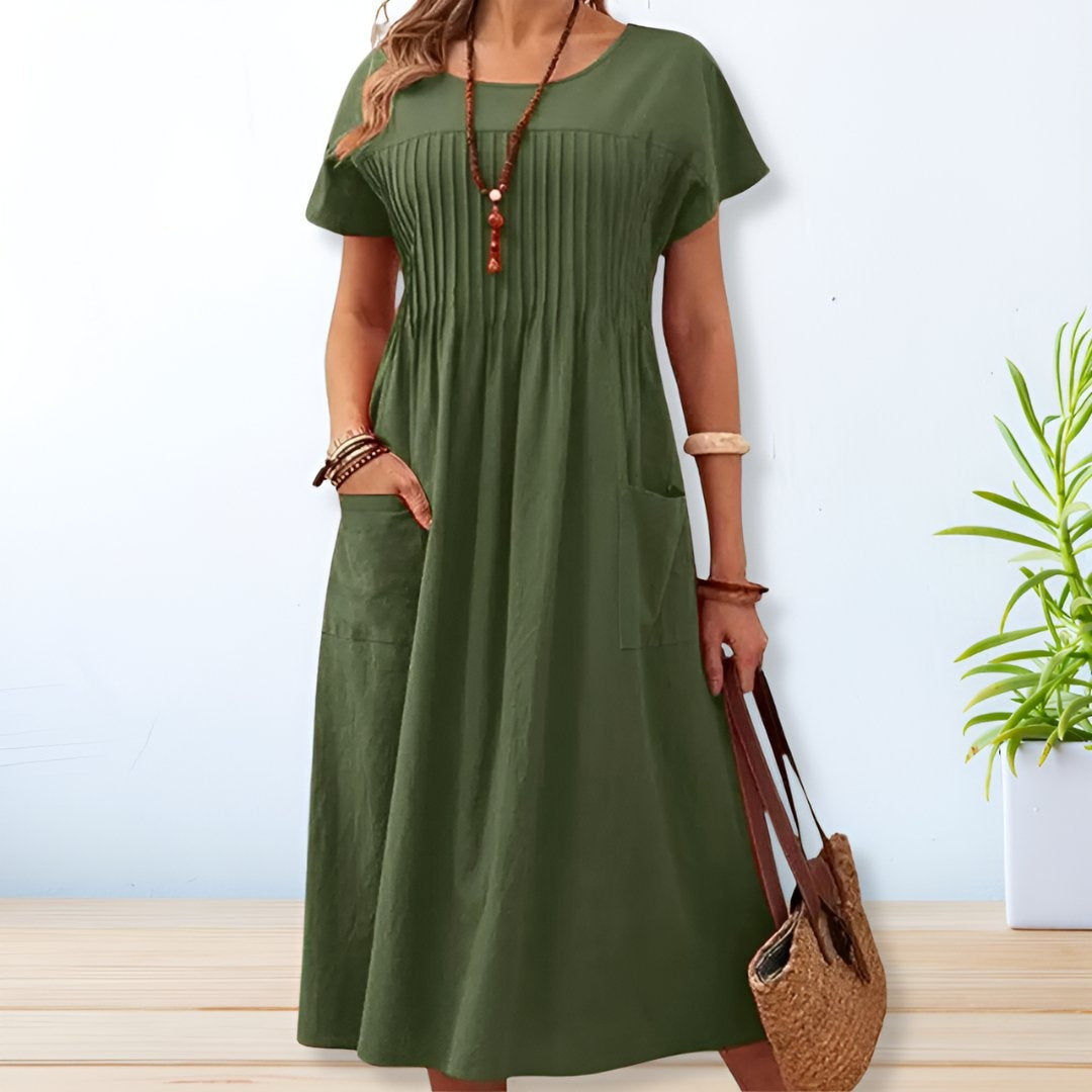 Inés | Vestido Midi con Pliegues Mujer Manga Corta Bolsillos