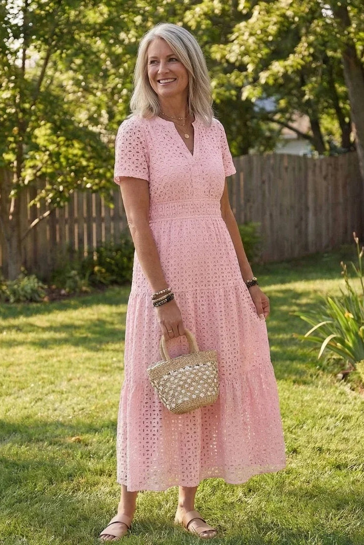 Inés | Vestido Midi de Algodón con Bordado Inglés Mujer Manga Corta