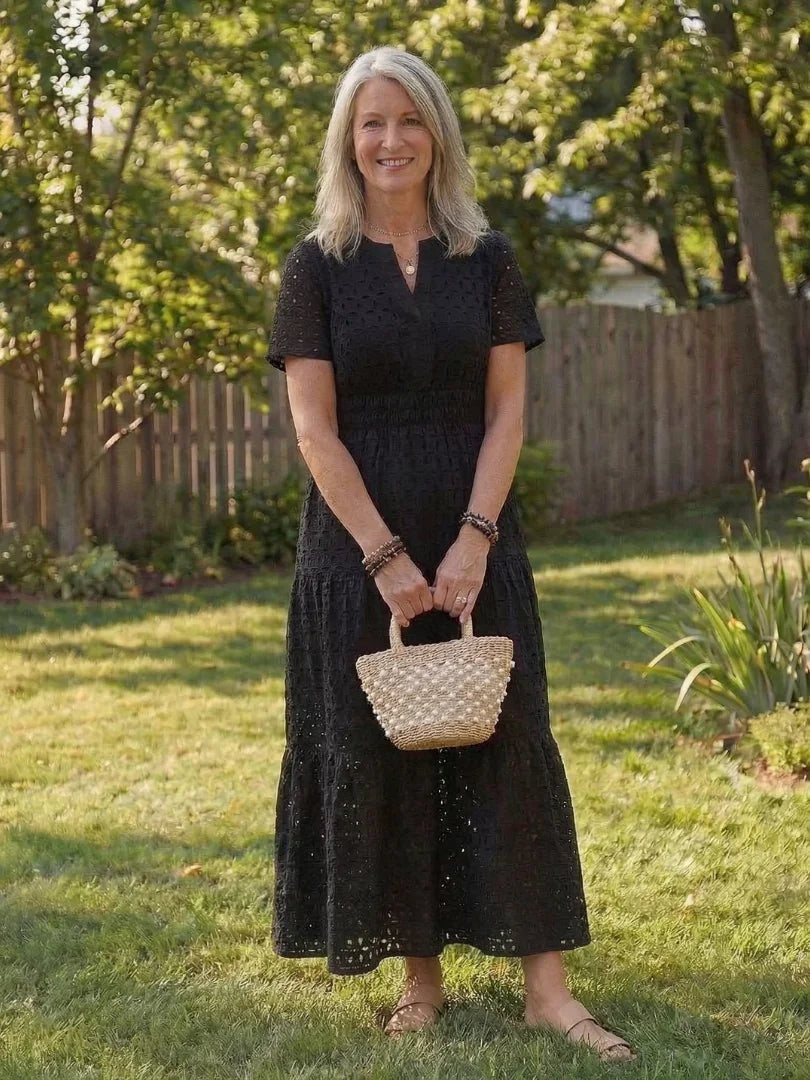Inés | Vestido Midi de Algodón con Bordado Inglés Mujer Manga Corta