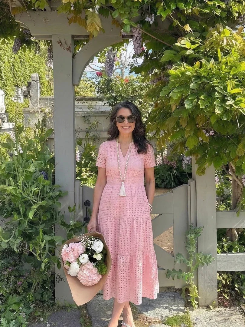 Inés | Vestido Midi de Algodón con Bordado Inglés Mujer Manga Corta