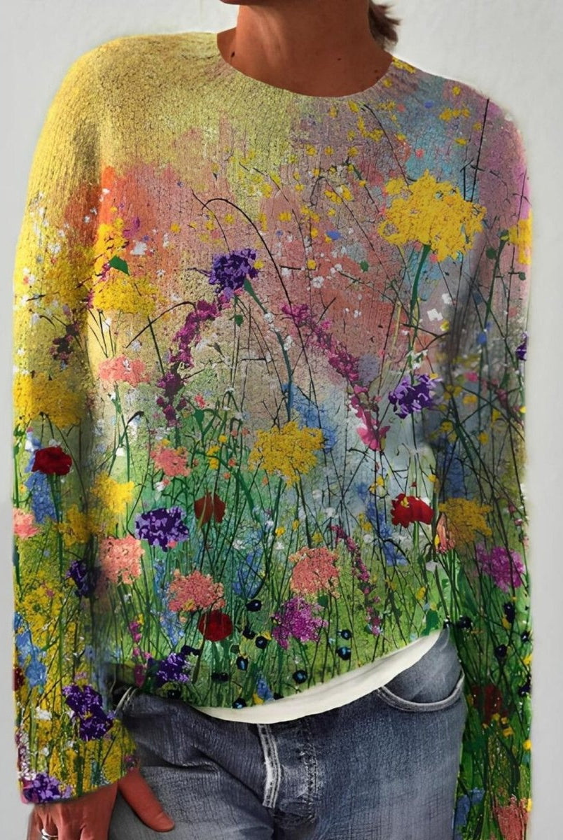Irene | Jersey Fino Estampado Floral Mujer Manga Larga Cuello Redondo