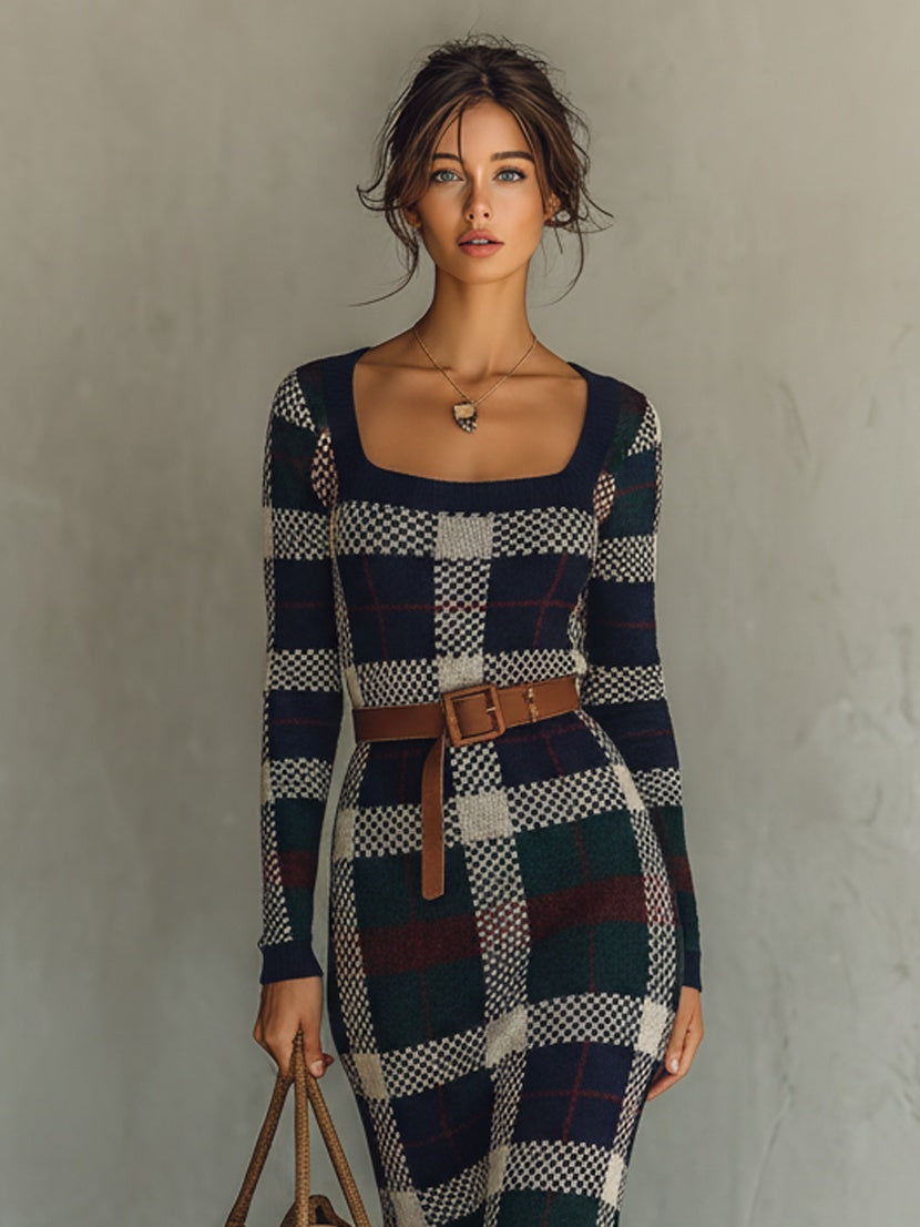 Irene | Vestido Largo de Punto Mujer Cuello Cuadrado Cinturón