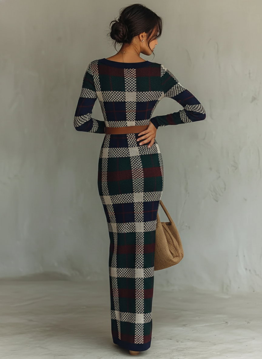 Irene | Vestido Largo de Punto Mujer Cuello Cuadrado Cinturón