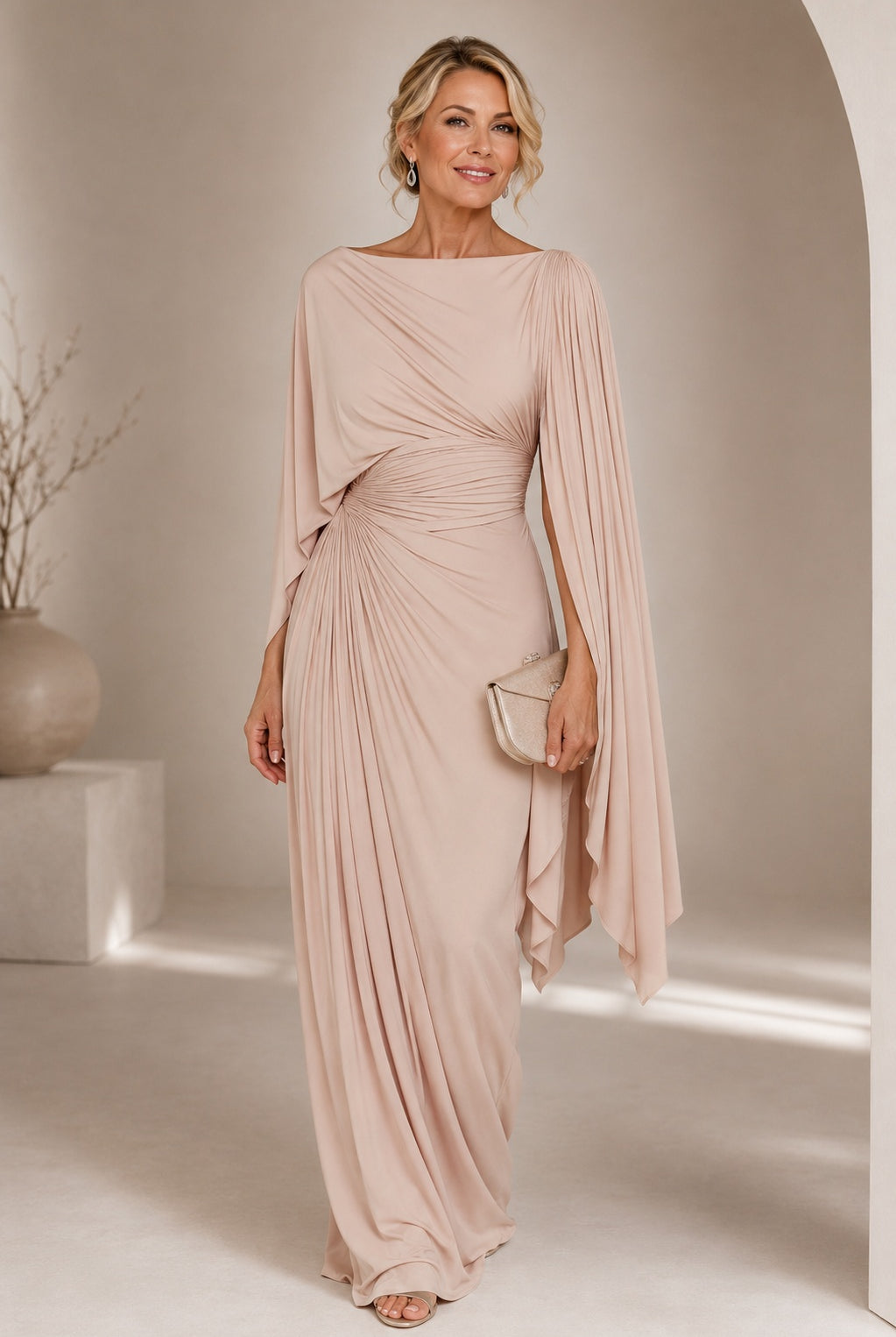 Irene | Vestido Largo Invitada Boda Invierno Mujer Manga Capa Drapeado