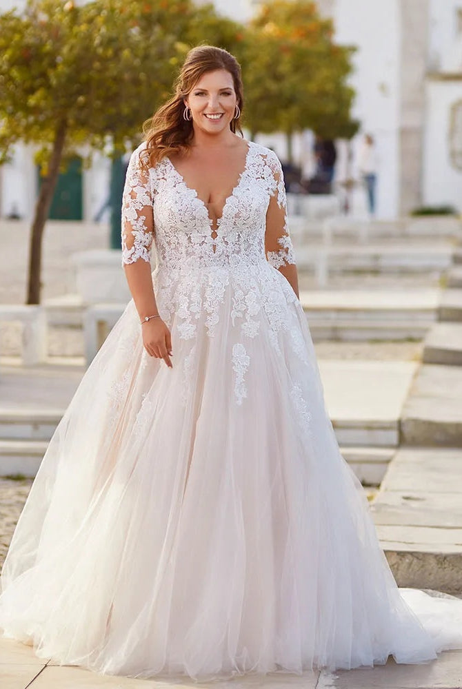 Isabela | Vestido de Novia Princesa Mujer Encaje Manga Tres Cuartos