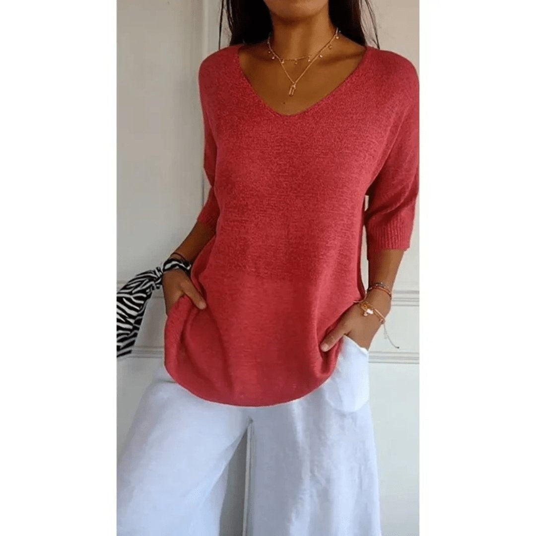 Jersey de Punto con Escote V Mujer Manga Tres Cuartos