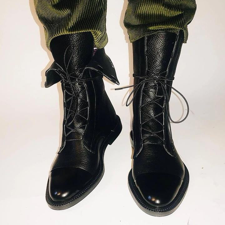 Jimena | Botas Planas de Piel con Cordones Mujer Caña Media